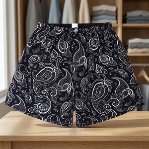 <b>Men</b> Black White Paisley Print Polyester Swim <b>Trunks</b> Regular Fit Quick Dry Woven Shorts - Product Image 3