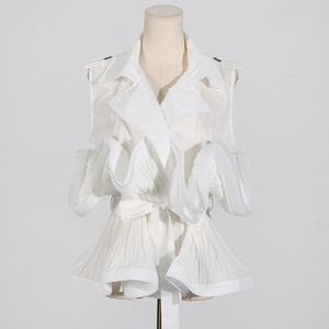 Precio de fábrica Primavera/Verano Nueva Moda Caqui Cuello en V Diseño Plisado con Empalmes Sin Mangas con Cordones Largo hasta el Suelo Orgánico - Product Image 2