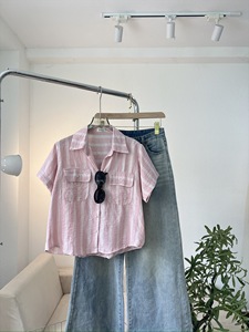 A546 Weiche & Kühle Leinen-Seide-Mischung Kurzarm-Streifenhemd mit Zwei Cargotaschen Lässige Sommer-Bluse - Product Image 4