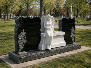 Monument funéraire moderne en granit chinois blanc Union STONE avec ailes et double cœur, pierre tombale en forme de cœur, ange, pour cimetière - Product Image 2
