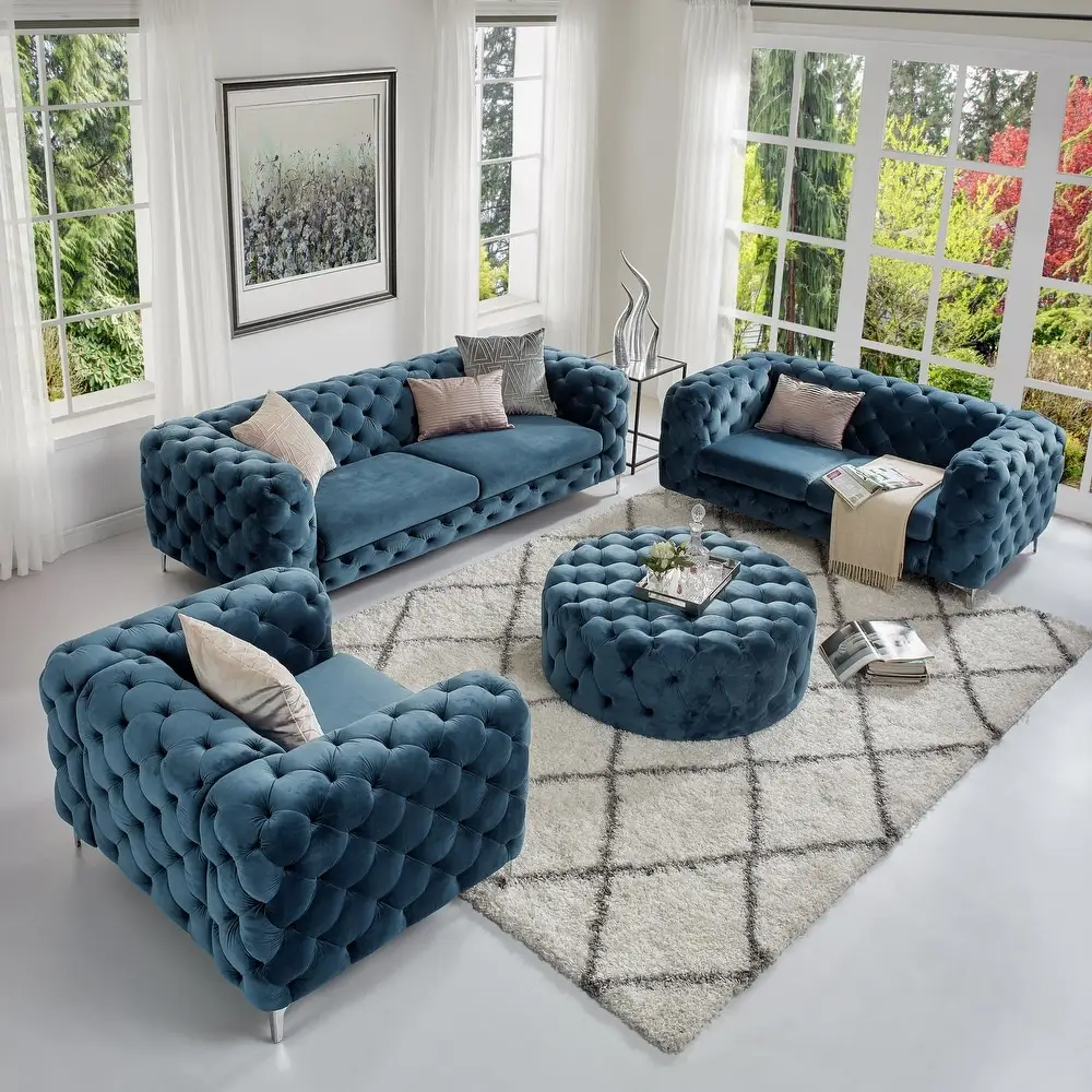 Nova Nordic Sofá de luxo para sala de estar, 2 lugares estofados, sofás Chesterfield de veludo verde, conjunto de móveis seccionais