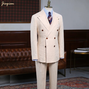 Costume 3 pièces sur mesure <span class=keywords><strong>de</strong></span> luxe beige en mélange <span class=keywords><strong>de</strong></span> laine australienne coupe ajustée pour homme, idéal pour mariages et affaires haut <span class=keywords><strong>de</strong></span> gamme - Product Image 1