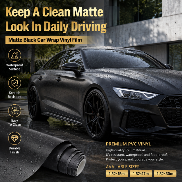 Matte Black Car Wrap Vinyl Film PVC Self Adhesive Waterproof Color Change Automotive Full Body Wrapping Roll 1.52m