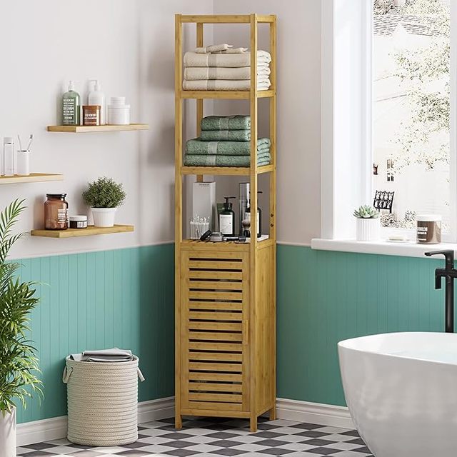 Storage Tall Slim Cabinet with Shutter Door and 3 Tier Shelves, Freestanding Linen Tower Cabinet for Living Room, Bathroom