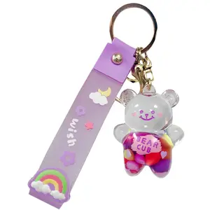 kawaii liquid keychains PVC lanyard key ring into the oil quicksand Cute Cartoon bear Liquid filled keychain