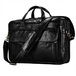 תיק עור אמיתי לגברים בעל קיבולת גדולה תיק יד לעסקים עור פרה שחור סגירת רוכסן קיבולת הרחבת כתף - Product Image 1