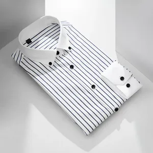 Chemise en coton à manches longues rayée et à col boutonné <span class=keywords><strong>blanc</strong></span> pour hommes, mode d'affaires décontractée avec couleur contrastée pour la saison d'automne - Product Image 2