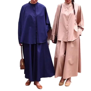 เสื้อเชิ้ตแขนยาวคอปกเล็กสำหรับผู้หญิงฤดูใบไม้ร่วง/ฤดูหนาวและกางเกงขากว้างทรงหลวมชุดแฟชั่น 2 ชิ้น - Product Image 1