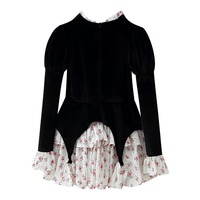 Robe Gothique Lolita Florale à Volants 2026 en Gros, Corsage en Velours Noir, Mini-Jupe Blanche, Boutons Perles, Style Victorien pour Femme