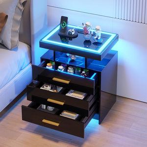 Black <b>LED</b> Nightstand <b>with</b> Wireless Charging Station 3 Drawer Tempered Glass Top <b>Motion</b> <b>Sensor</b> <b>Light</b> Gaming Bedside Table - Product Image 3