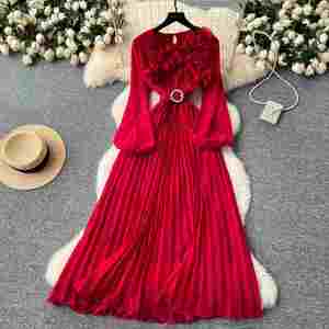 Vestido Midi Plisado Delgado de Verano 2025 para Mujer, Sostenible, Casual, Transpirable, Tejido, con Manga Linterna, Corte Imperio, Lavable y Antiestático - Product Image 1