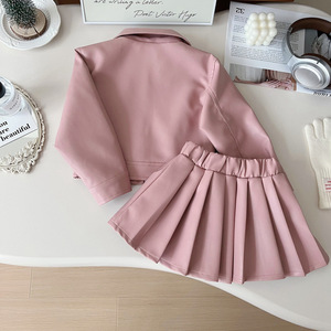 Ensemble en <span class=keywords><strong>cuir</strong></span> PU pour filles, style coréen chic, veste de motard, <span class=keywords><strong>jupe</strong></span> plissée, 2 pièces pour enfants, vêtements de mode pour tout-petits noirs - Product Image 5