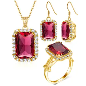 Classic Ruby Zirkoon Vergulde Bruids Bruiloft Sieraden Set Vrouwen Ketting Ringen 925 Sterling Zilveren Sieraden Set Fabrikant