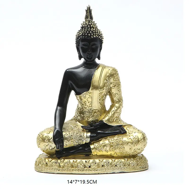 RESINA RELIGIOSA REQUINTADO LUXO ÁSIA TAILÂNDIA GOLDEN BUDDHA SENTADO PRETO MODELOS de DEUS COM BASE de CASA DECORATIVO ESTÁTUA ESTATUETA