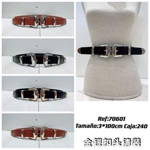 Ceinture ventrale à double boucle 3x100cm avec quincaillerie argentée et dorée, ceinture de mode - Product Image 1