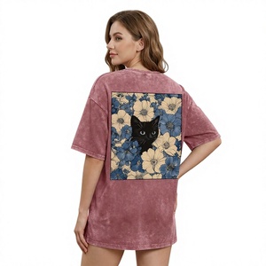 Camiseta de Mujer con Estampado Floral de Gato Negro Lavado, Cuello Redondo, Manga Corta, Hombros Caídos, Holgada, Informal, Top de Verano, 100% Algodón, Todas las Temporadas - Product Image 3