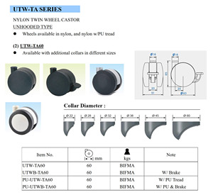 Wholesale Plastic Nylon Double <b>Wheels</b> Furniture Caster 60mm Diameter Traditional Design Model UTW-TA60 BIFMA Furniture/Chairs - Product Image 2