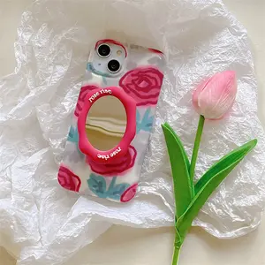 New Arrival Rose Flower Phone Case with Mirror Designer Silicon Shockproof Shell Mobile Phone Accessories for iphone 15 14