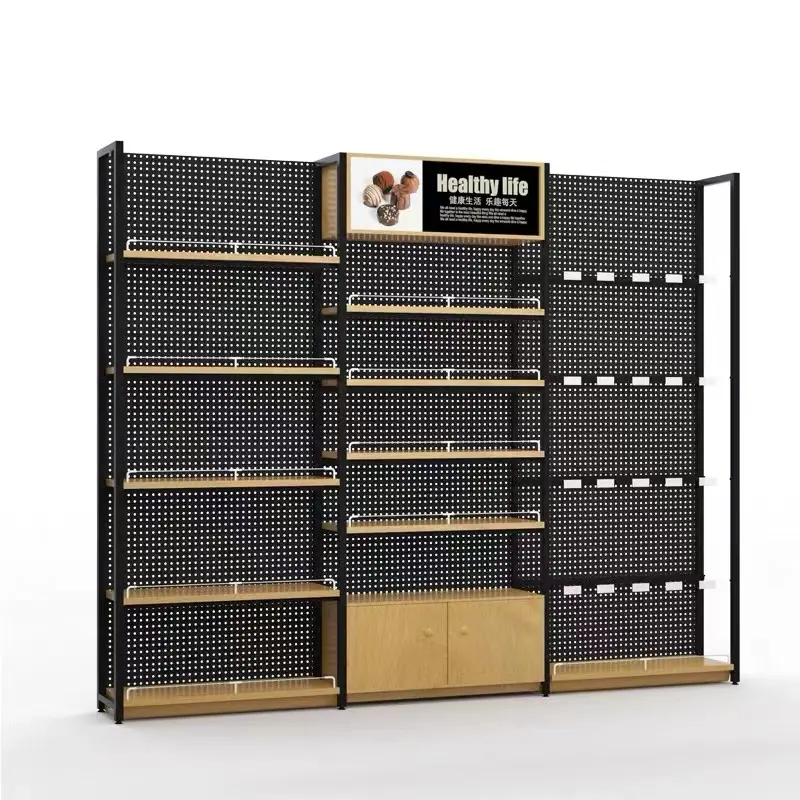 Supermarket Wall Flooring Display Stand Rack  High End Wooden Pegboard Shelf With Lighting For Retail Store CNLF