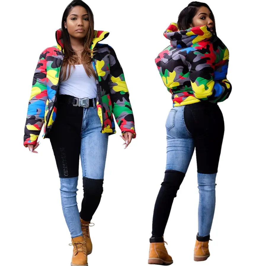 Custom winter camouflage printed duck down jacket bubble coat for women