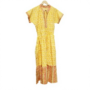 Robe midi trapèze pour femme en coton écologique, imprimé floral et léopard numérique, grande taille, manches longues, col en V, respirante - Product Image 1