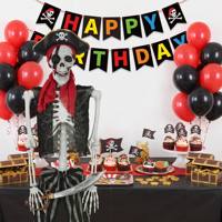 Squelette de pirate d'Halloween SIPKLR 165 cm, taille réelle, articulations mobiles, squelette humain en plastique, décoration, bandana rouge, cache-œil