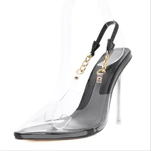 Женские босоножки на высоком каблуке-шпильке, прозрачные сандалии с острым носком и металлической цепочкой, туфли на высоком каблуке, для клуба, для осени, 2022