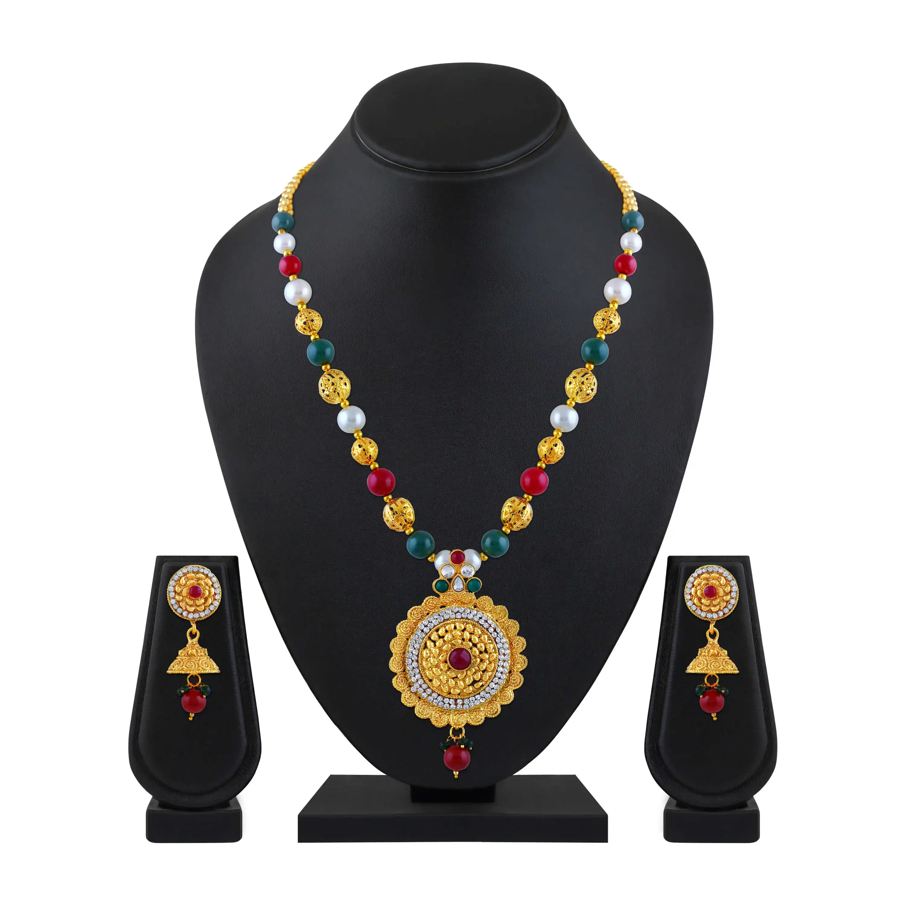 Kundan Polki Pearl Beaded Gold tone Multicolor Wedding Women Bridal Necklace Jewelry Sets