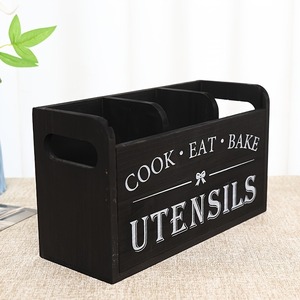 Boîte à couverts en bois rustique à 3 compartiments, support pour ustensiles de cuisine, rangement pour fourchettes, cuillères, spatules - Product Image 4