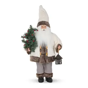 18英寸白色和灰色圣诞老人毛绒玩具圣诞饰品站立圣诞老人人物娃娃带灯笼饰品