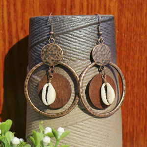 Boucles d'oreilles pendantes en bois avec pompon style bohème, plaqué bronze antique, pour femme, bijoux de mode pour soirée - Product Image 2