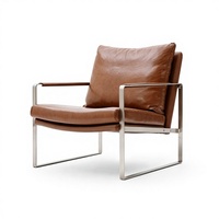 Fauteuil moderne en cuir véritable avec structure en acier et accent en panneau de bois |   Meubles de loisirs pour la maison, le bureau, le salon, l'hôtel