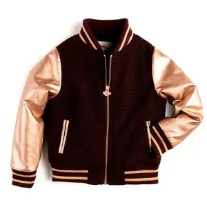 Thiết Kế Mới Của Phụ Nữ Cơ Thể Màu Đen Và Đào Da Tay Áo Varsity Jacket (GOTS)