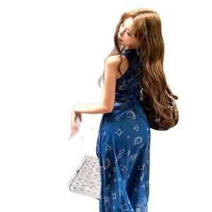 Retro French Style Deep V <b>Neck</b> Sleeveless Dress Blue Printed A Line Long Skirt Women Summer Casual Wear - Product Image 5