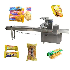 Mesin pembungkus kemasan aliran otomatis tas bantal horizontal produk kue coklat biskuit otomatis dengan drive servo