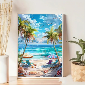 Bộ công cụ vẽ tranh Kim Cương-Phong Cảnh Bãi biển nhiệt đới, Cây cọ và kim cương tròn đại dương đầy đủ tác phẩm nghệ thuật vải kim cương - Product Image 3