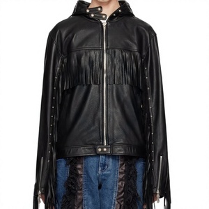 Black Leather Fringe <b>Jacket</b> <b>Western</b> Cowboy Style Studded Zip Up Genuine Leather Tassel <b>Jacket</b> Custom Wholesale - Product Image 1