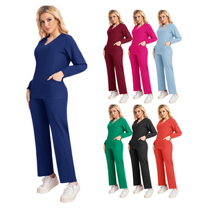 Women's <b>Scrub</b> Set Long Sleeve V Neck Knitted Split Uniform Moisture Wicking Hospital Workwear - Product Image 1