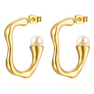 Boucles d'oreilles créoles géométriques en forme de C plaquées or avec incrustation de perles pour femmes, à porter au quotidien - Product Image 5