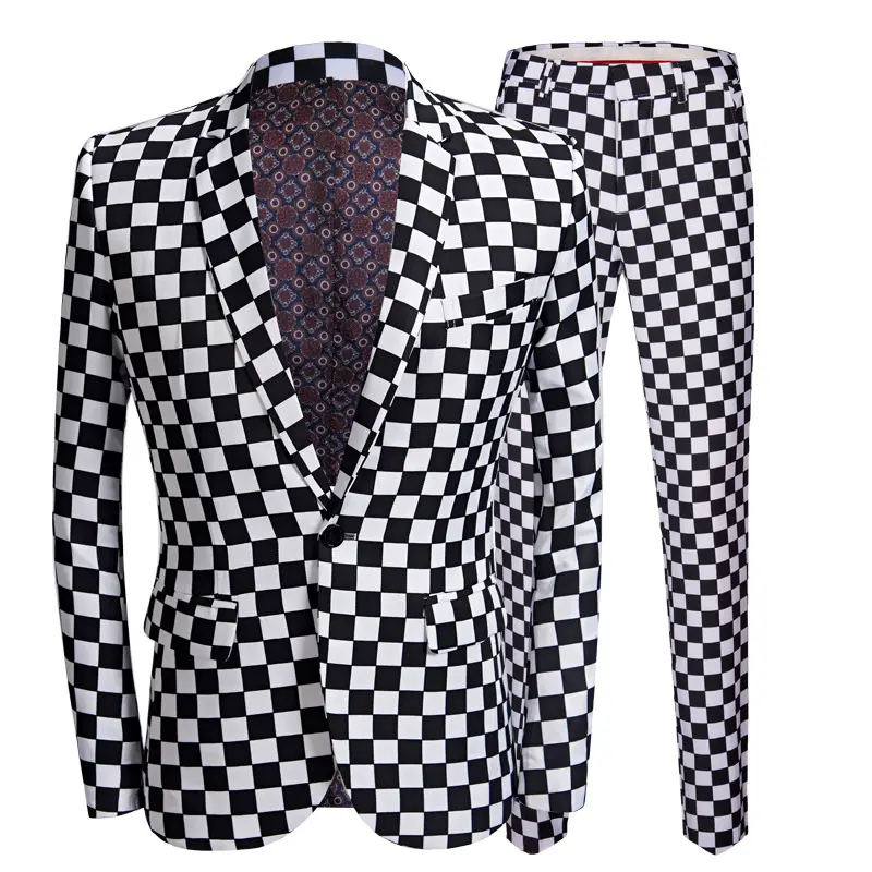 New Fashion Trend Black White Plaid Casual Jacket Coat Wedding Slim Blazer Plus Size Business Men Suits