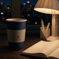 Gobelets en papier bleu marine personnalisés sur le thème de la nuit avec manchons en kraft à motif lunaire pour la vente de boissons dans les cafés urbains et les espaces de travail nocturnes