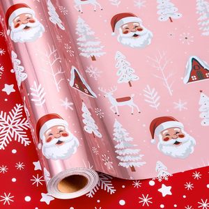 Pink Christmas <b>Wrapping</b> <b>Paper</b> 17x33 Feet Reversible Santa Snowy Forest Design Metallic Foil Gift Wrap - Product Image 1