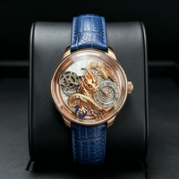 Montre mécanique pour homme Astronomia Dragon Series, saphir incurvé, cadran sculpté en 3D avec dragon doré, bracelet en cuir véritable bleu