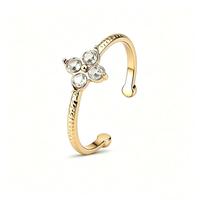 Anillo Abierto Ajustable de Acero Inoxidable con Diseño de Flor con Pedrería, Acabado Plateado o Dorado