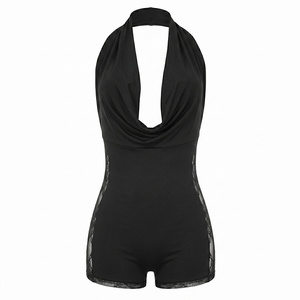 Viviblook J26RP157 Nouvelle Combinaison d'été pour femmes, sexy, couleur unie, col en V profond, patchwork, dentelle, combinaison décontractée pour femmes - Product Image 6