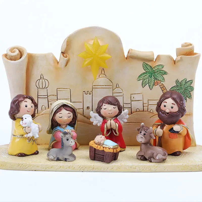 Resin Mini Cartoon Jesus born LED Lighting Miniature Nativity Set for Christmas Gifts