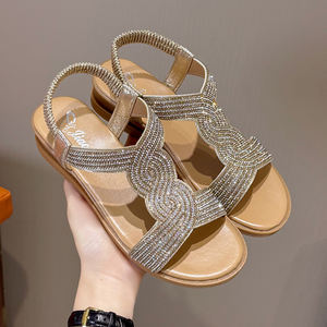 Sandalias de cuña con diamantes de imitación para mujer, antideslizantes, con correa elástica en el tobillo, cómodas, de punta abierta, ligeras, para verano y exteriores. - Product Image 4