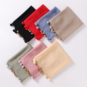 Hijabs en mousseline de soie de couleur unie avec boule poilue, nouvelle conception fantaisie, écharpe de tête musulmane islamique de luxe - Product Image 3