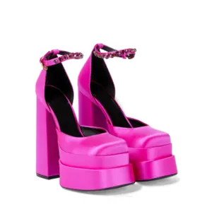 Sandalias de tacón alto grueso para mujer y mujer, zapatos de diseñador con punta cuadrada, correa de cuña, con diamantes de imitación, plataforma de bloque de tiras