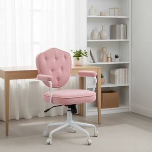 Chaise de bureau pivotante rose avec siège en tissu bouclé, réglage manuel, base en plastique, design contemporain - Product Image 2